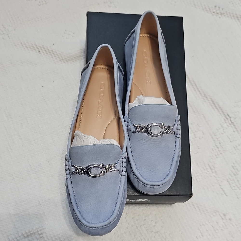Coach Women's Light Blue Loafers with Silver Accent